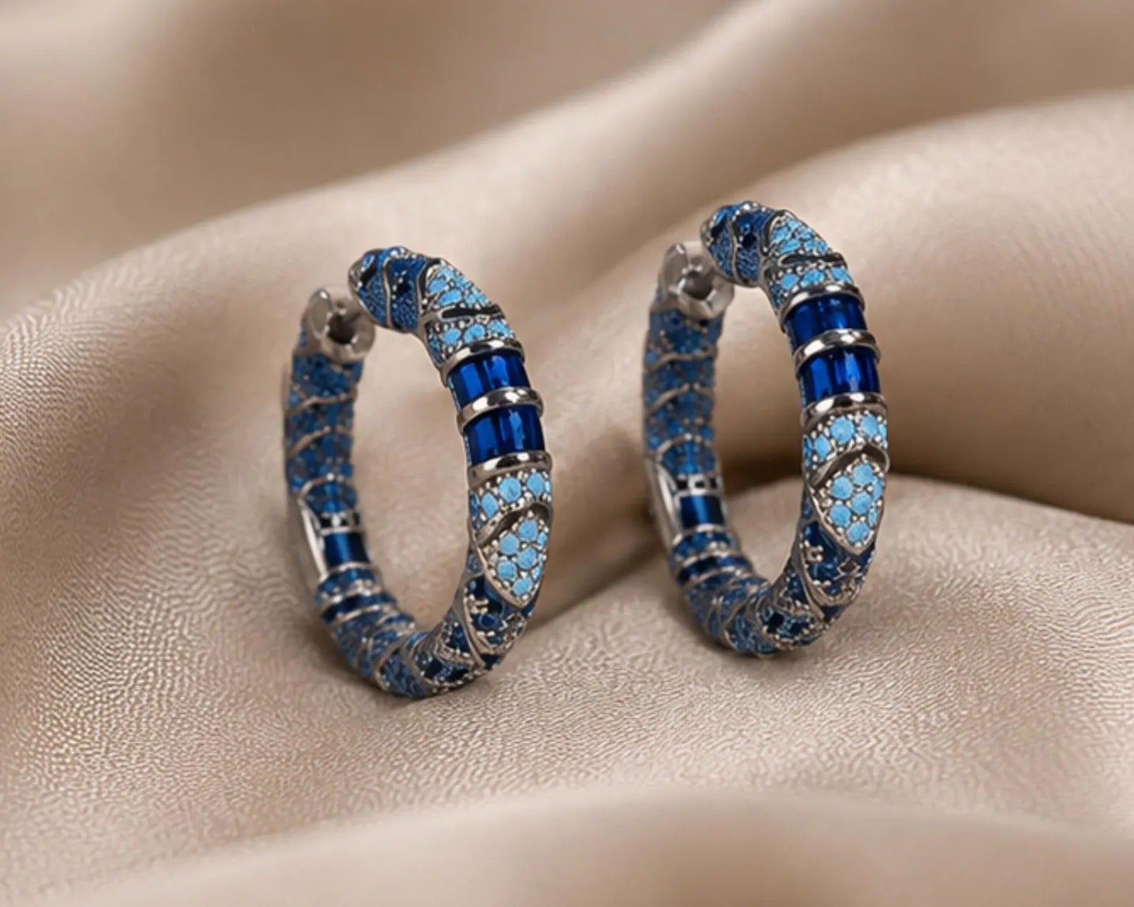 Vintage Blue Enamel Snake Hoop Earrings Main image