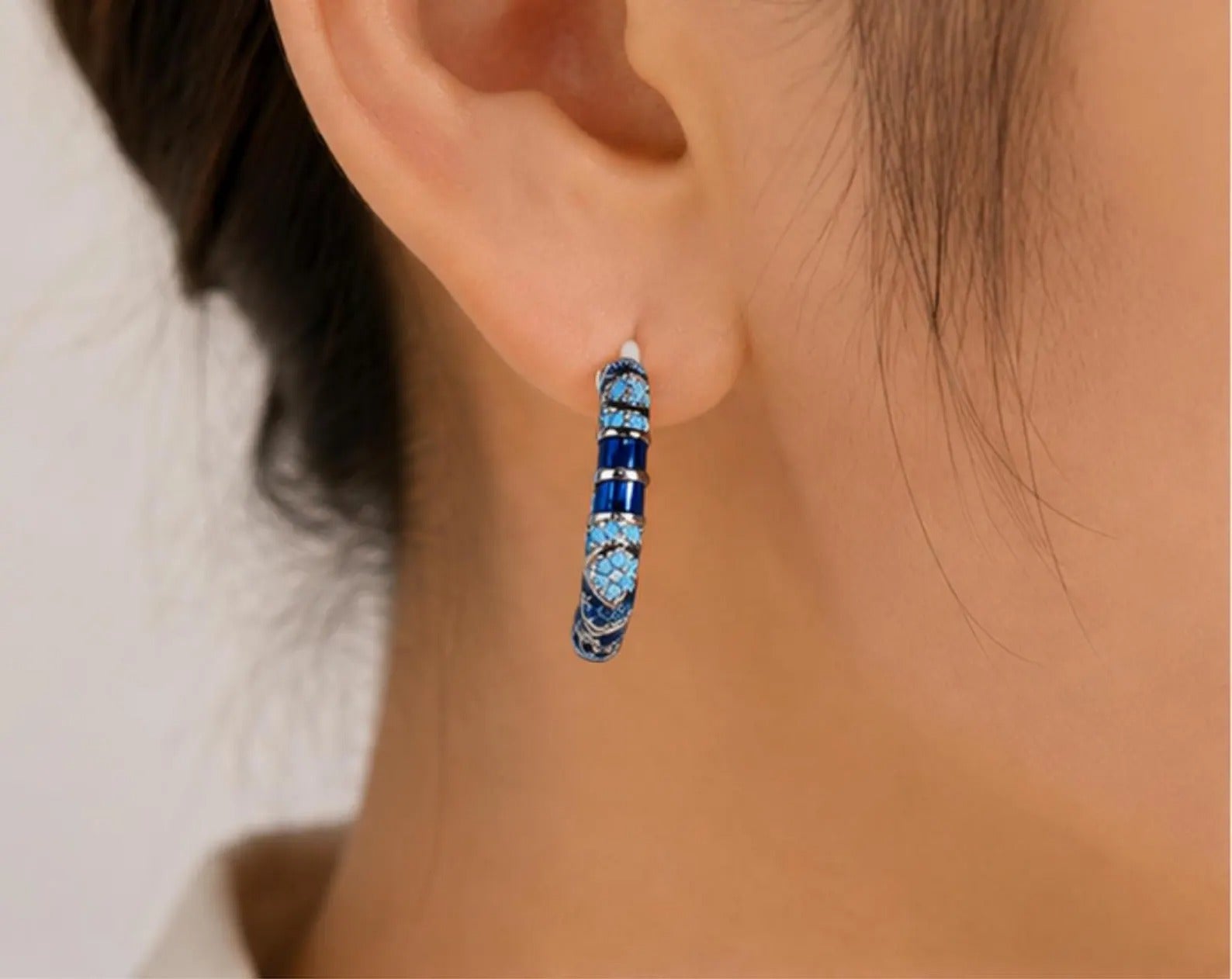 Vintage Blue Enamel Snake Hoop Earrings Secondary image
