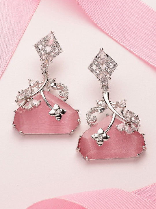Silver-Plated AD Studded & Beaded Contemporary Drop Earrings