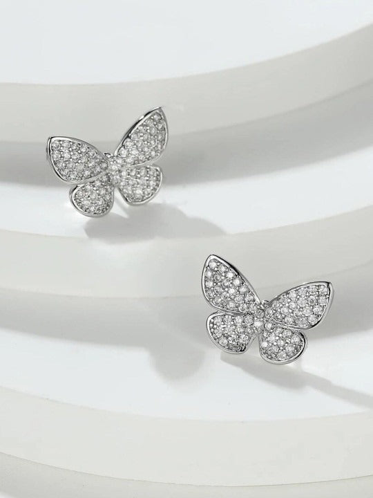 Platinum-Plated CZ Stone-Studded Butterfly Shaped Studs Earrings