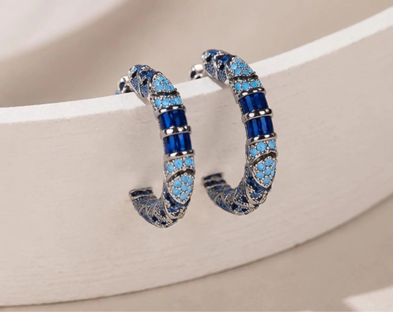 Vintage Blue Enamel Snake Hoop Earrings