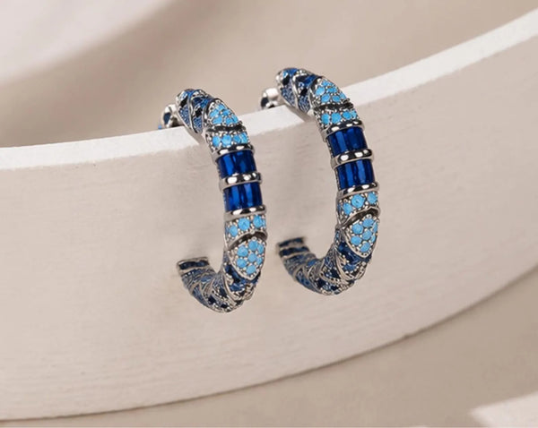 Vintage Blue Enamel Snake Hoop Earrings