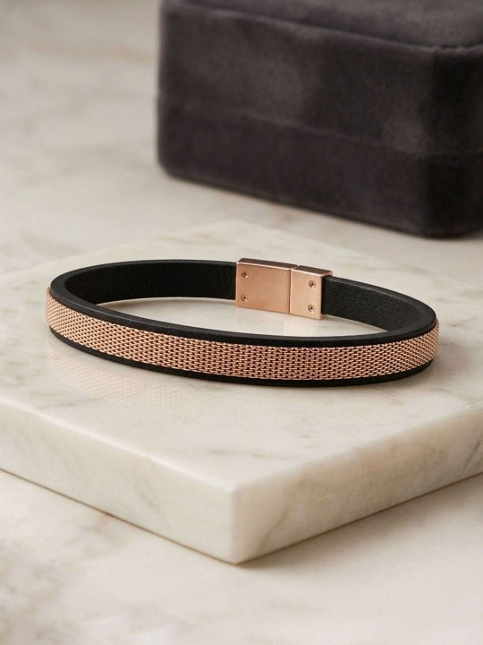 925 Sterling Silver Men Leather & Rose Gold Plated Mesh Stainless Steel Bracelet