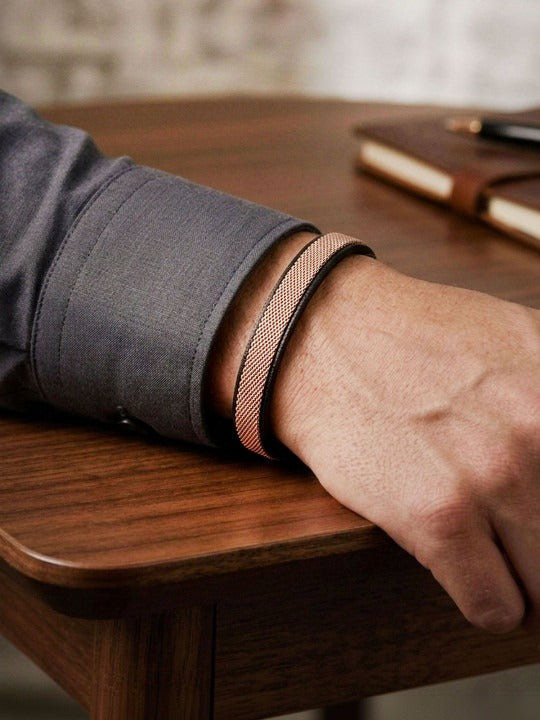 925 Sterling Silver Men Leather & Rose Gold Plated Mesh Stainless Steel Bracelet