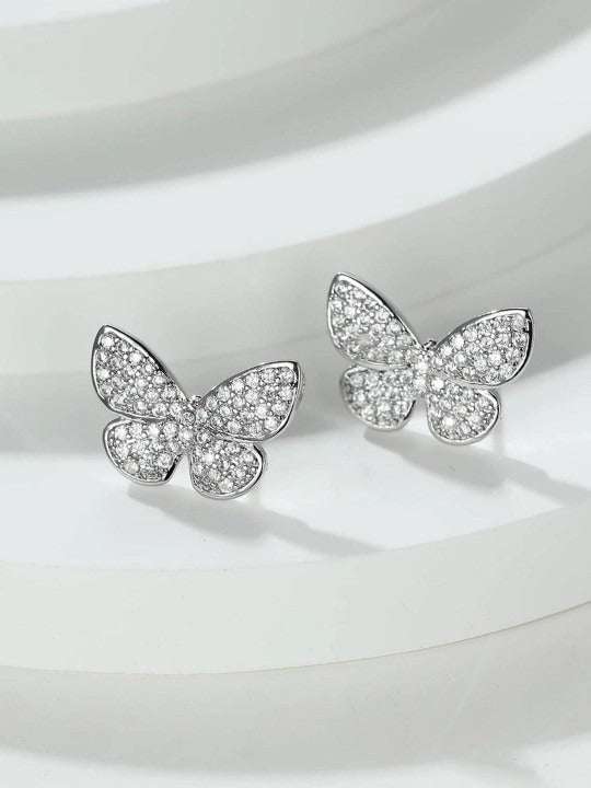 Platinum-Plated CZ Stone-Studded Butterfly Shaped Studs Earrings