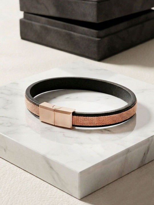 925 Sterling Silver Men Leather & Rose Gold Plated Mesh Stainless Steel Bracelet Secondary image
