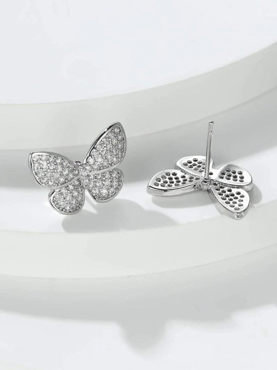 Platinum-Plated CZ Stone-Studded Butterfly Shaped Studs Earrings
