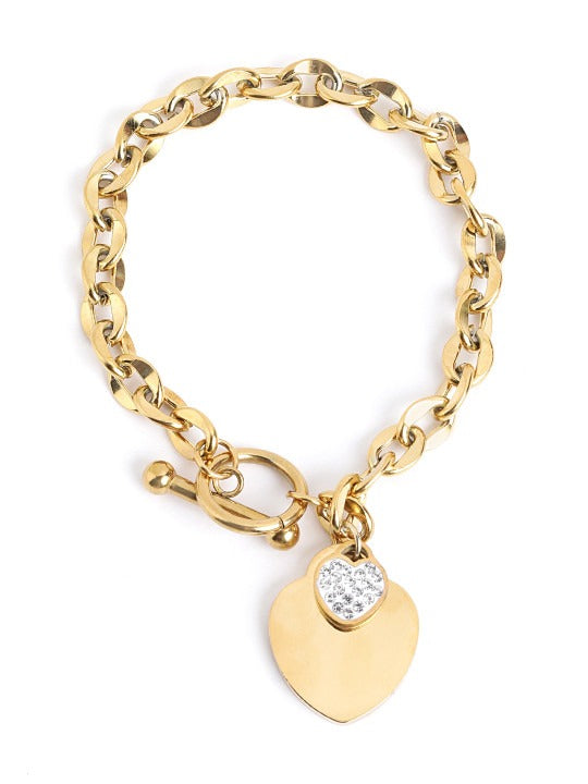 Gold Plated CZ Heart Charm Link Bracelet