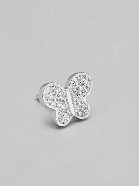 925 Sterling Silver Rhodium-Plated CZ-Studded Butterfly-Shaped Studs Earrings