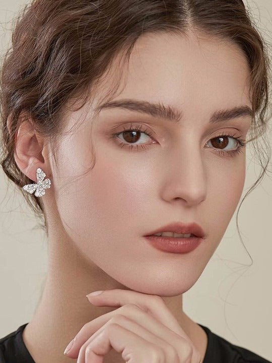 Platinum-Plated CZ Stone-Studded Butterfly Shaped Studs Earrings