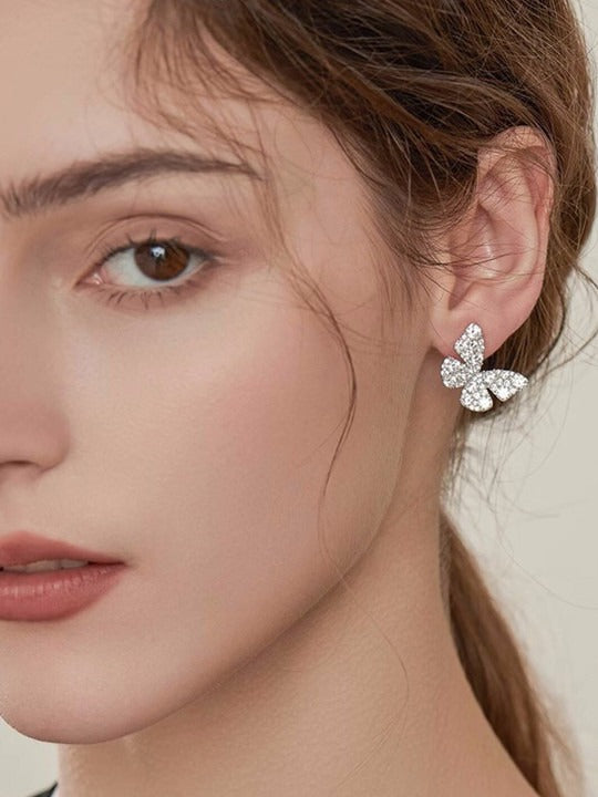Platinum-Plated CZ Stone-Studded Butterfly Shaped Studs Earrings