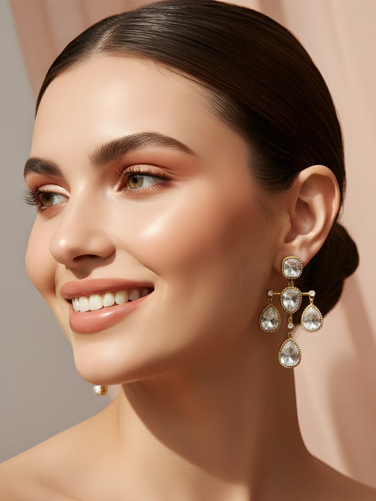 Women Gold-Plated Kundan Studded Teardrop Drop Earrings