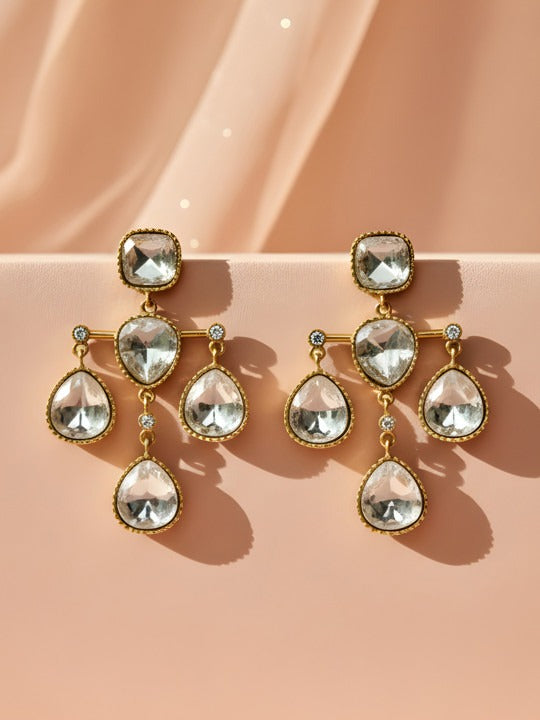 Women Gold-Plated Kundan Studded Teardrop Drop Earrings
