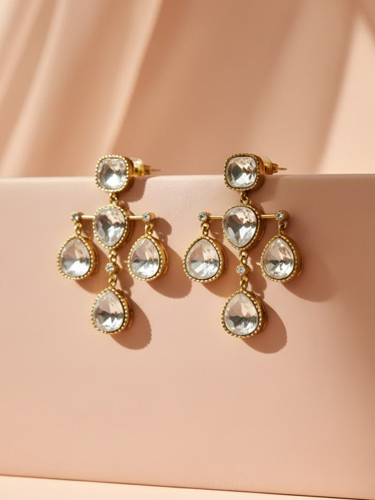 Women Gold-Plated Kundan Studded Teardrop Drop Earrings