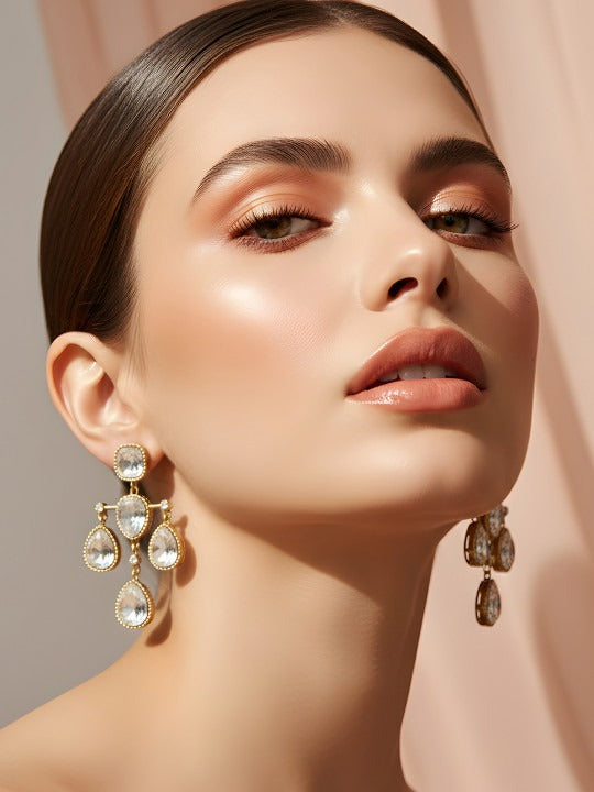 Women Gold-Plated Kundan Studded Teardrop Drop Earrings