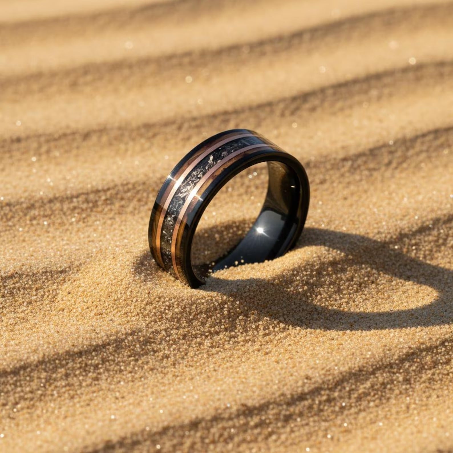 Charred Whiskey Barrel Ring with Meteorite