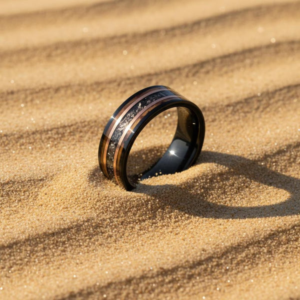 Charred Whiskey Barrel Ring with Meteorite