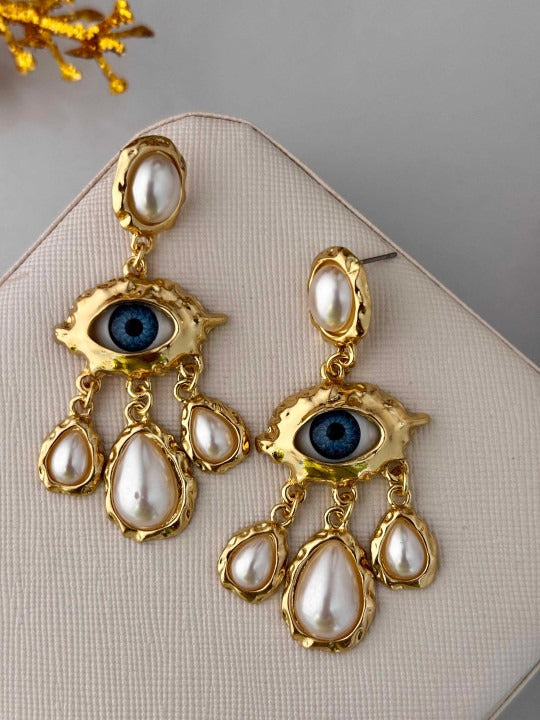 Stainless Steel Gold-Plated Pearls Studded Drop Earrings