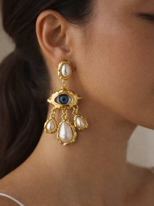 Stainless Steel Gold-Plated Pearls Studded Drop Earrings