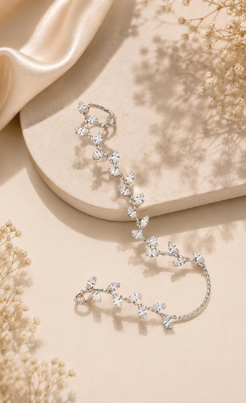 Silver Crystal Leaf Vine Hand Chain Bracelet
