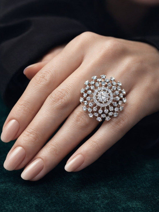 Women Floral Shaped Silver Plated American Diamond Studded Adjustable Ring Secondary image