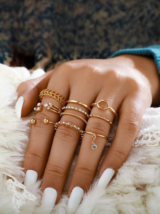 Set Of 8 Gold-Plated Crystal-Studded Finger Rings Main image