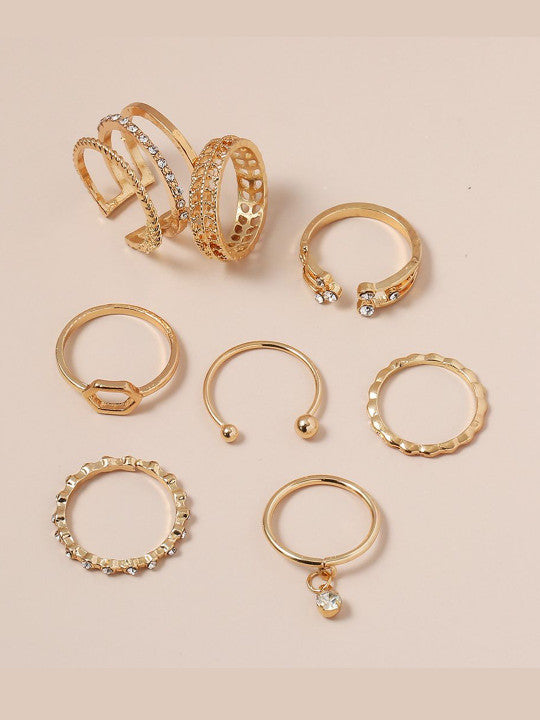 Set Of 8 Gold-Plated Crystal-Studded Finger Rings