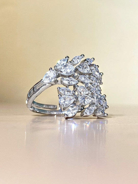 Silver Toned White Zircon Stone Studded Adjustable Ring