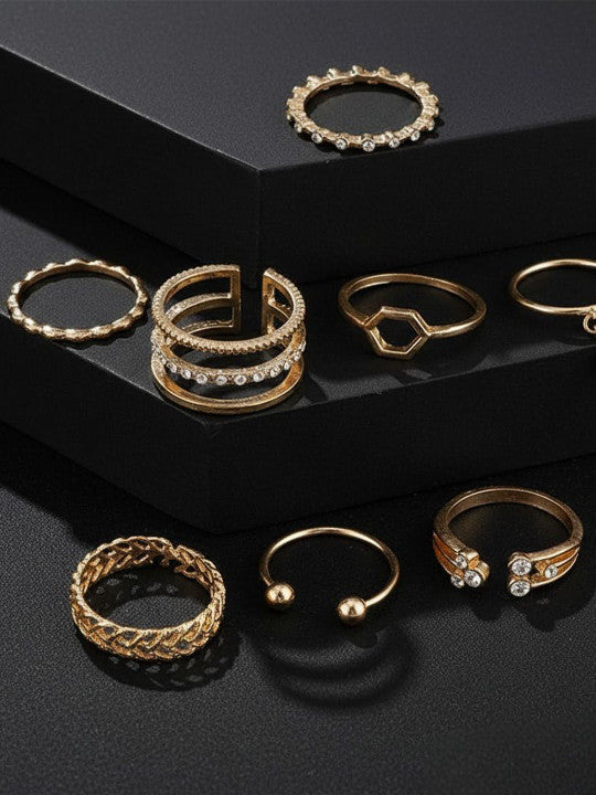 Set Of 8 Gold-Plated Cubic Zirconia-Studded Finger Rings