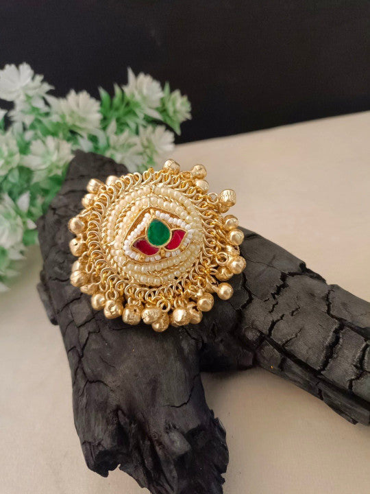 Gold-Plated & Pachi Kundan Studded Ghungroo Kashmiri Lotus Finger Ring