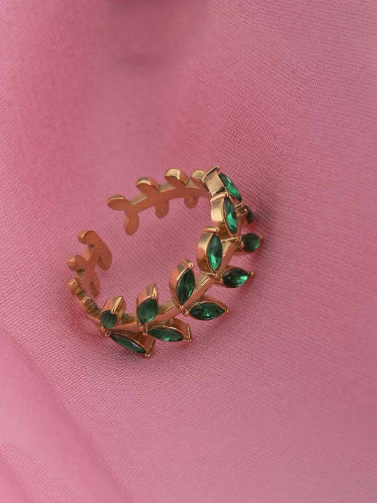 Gold-Plated Stainless Steel Cubic Zirconia Strone-Studded Leaf Shaped Finger Ring