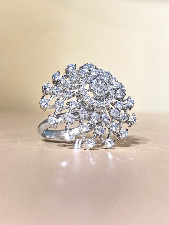 Women Floral Shaped Silver Plated American Diamond Studded Adjustable Ring