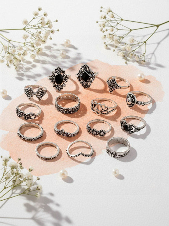 Set Of 15 Silver Plated Oxidised Rings