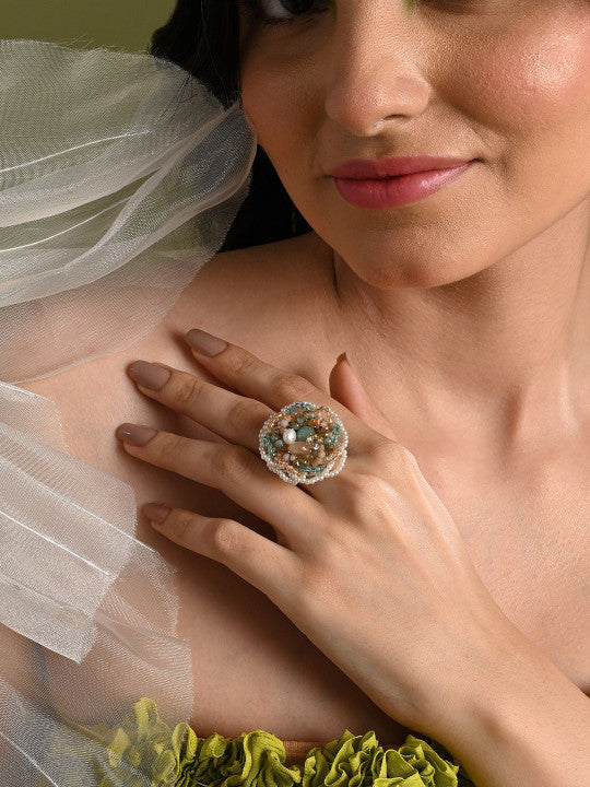 Gold-Plated Crystals-Studded Adjustable Finger Ring Secondary image